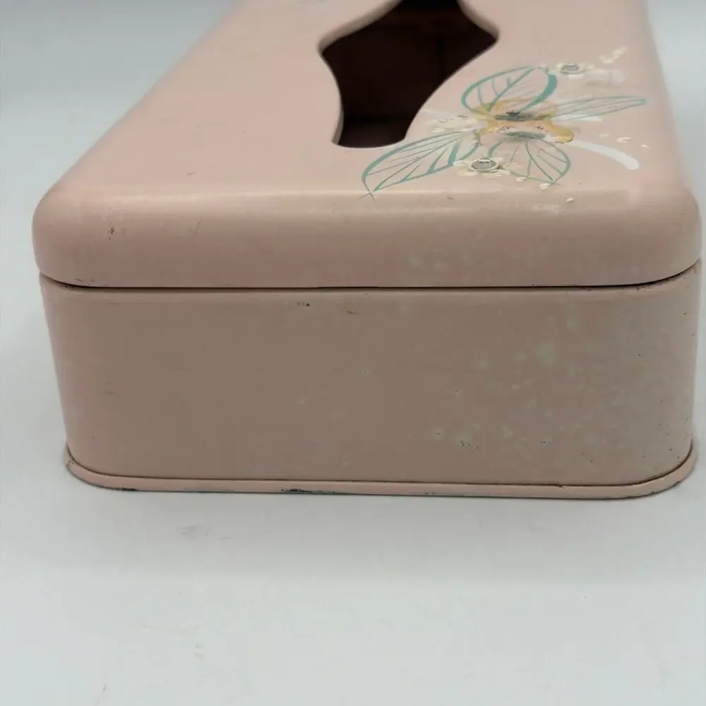 Vintage Ransburg Pink Cottage Tole Painted Metal Tissue Kleenex Box Holder MCM